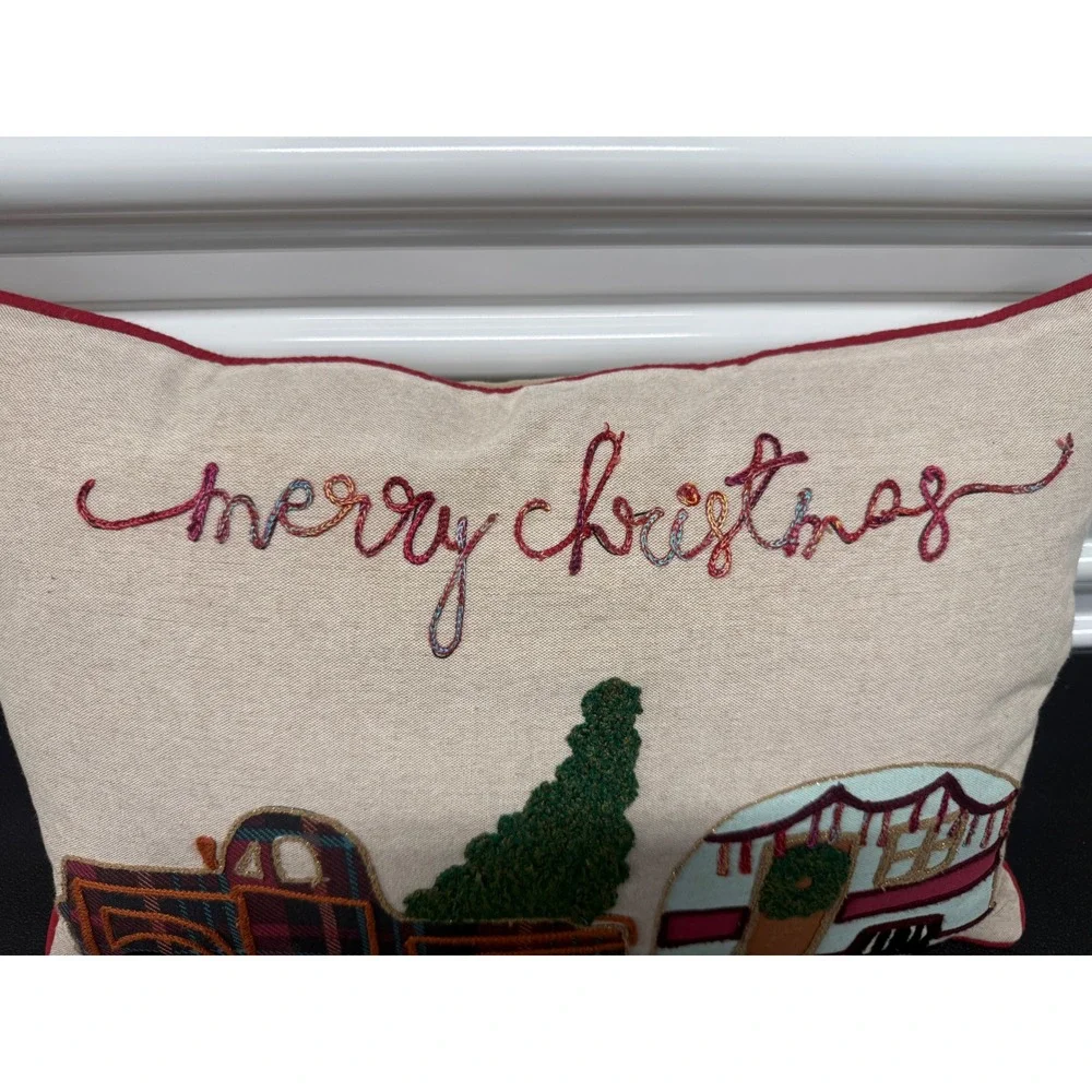 Merry Christmas Camper Truck Embroidered Throw Pillow Down Feather Fill Red